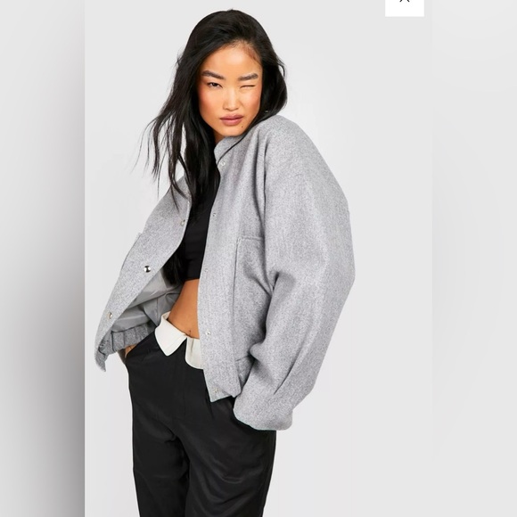 BOOHOO Wool Look Oversized Bomber Jacket - Cream (Sz 10) - Picture 3 of 6